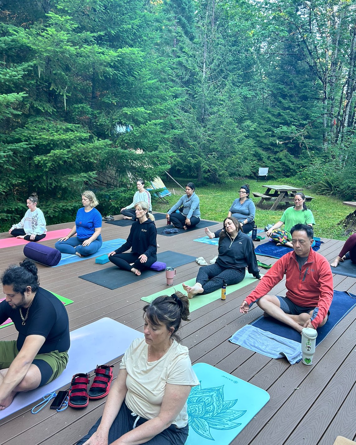 Group meditation on the forest deck